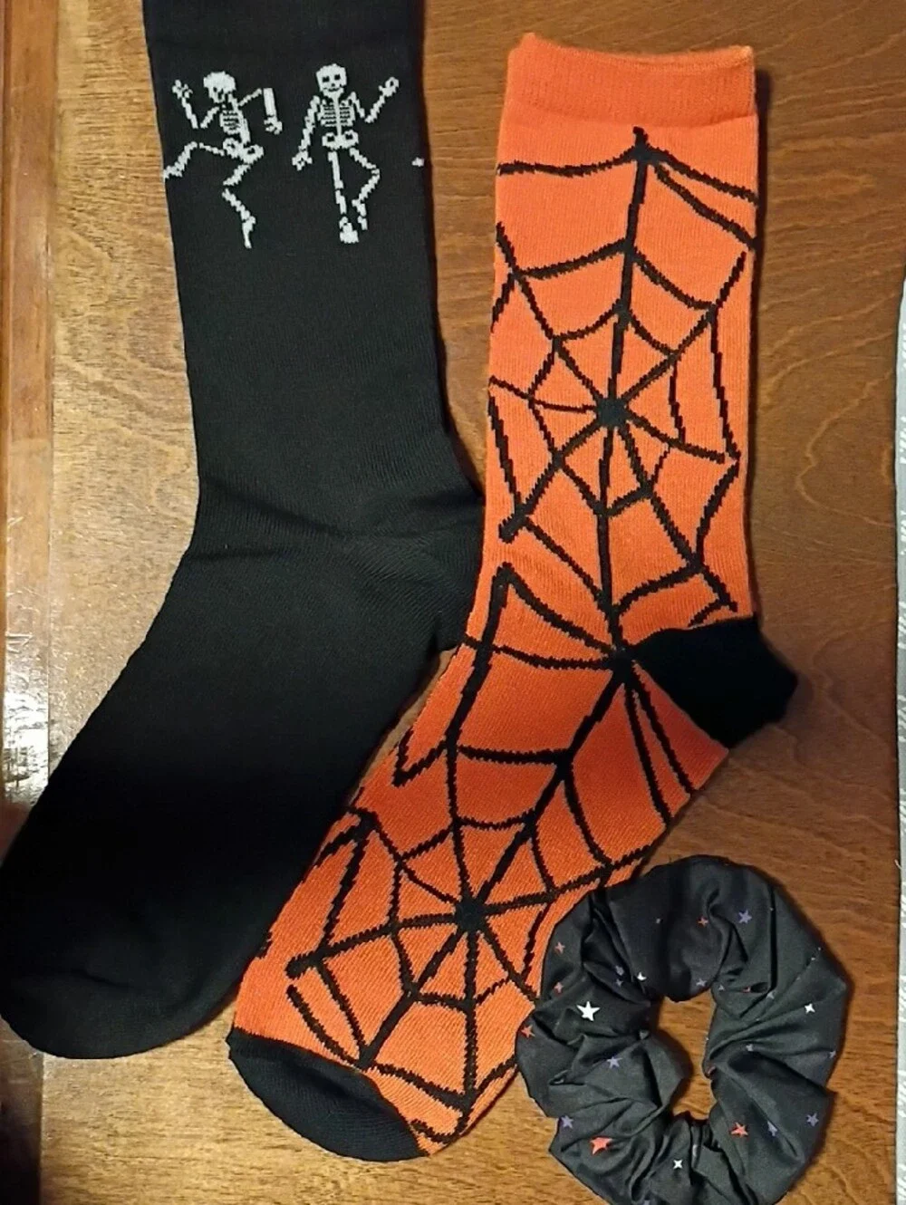 Halloween Socks and Scrunchie Set - Orange & Black Spiderweb and Skeleton